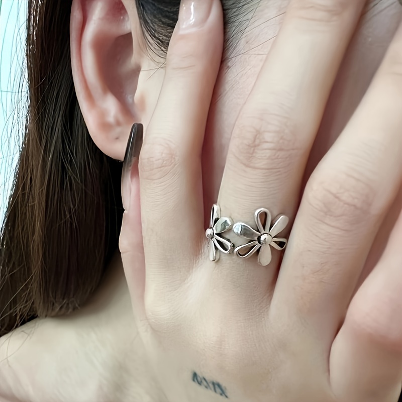 Vintage Flower Cuff Ring Open Adjustable Alloy Ring Daily Wear